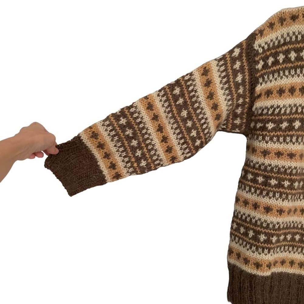 HAND KNIT Wool Sweater Pattern Design Brown Tan Cream L - Picture 3 of 6